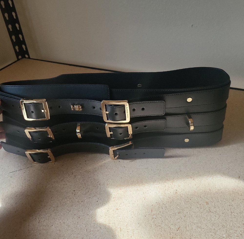 Honey Birdette Black Triple Buckle Belt with Gold Accents